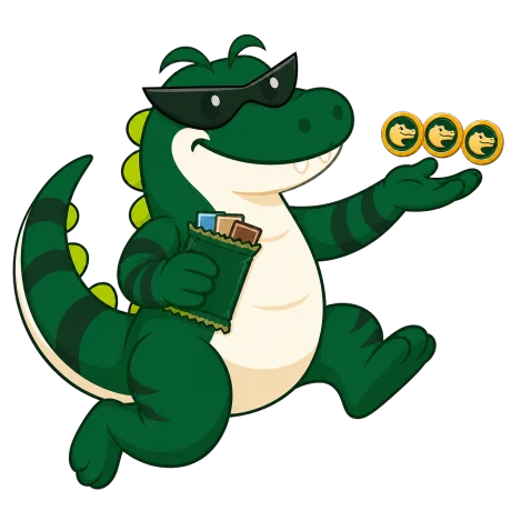 Mascote jacaré segurando um Booster e três brasões de jacacoin